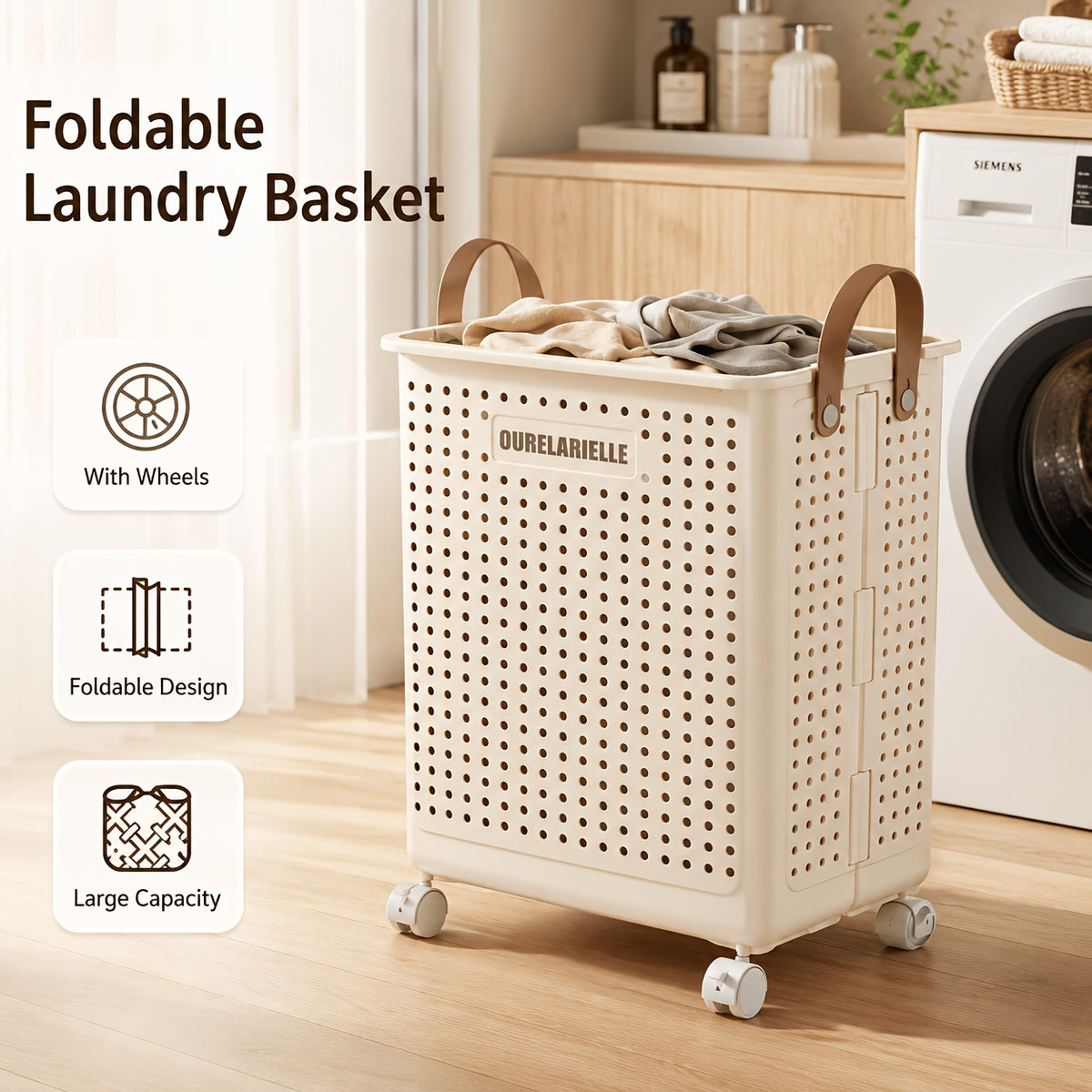 One Large Foldable Laundry Basket Without Cover - Imitation Leather, Hand Wash, Solid Color, Versatile Portable Laundry Basket with Wheel for Bathroom And Balcony Storage, Laundry Baskets
