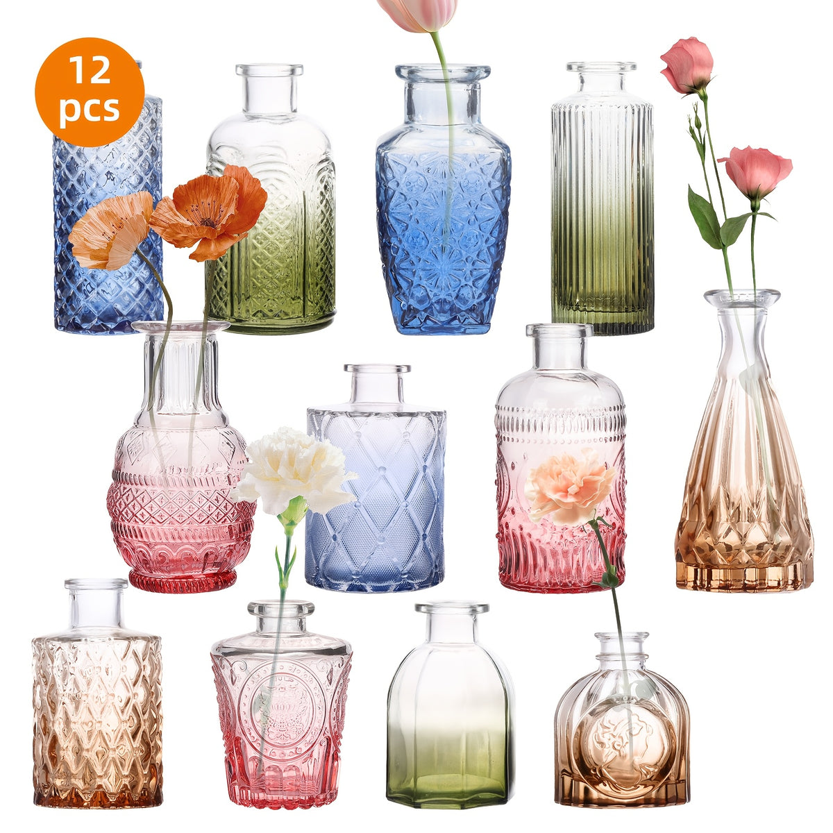 TOMNK 12pcs Glass Bud Vase Set in Bulk, Gradual Muti Colours Relief Vase for Centerpieces, Mini Vintage Glass Flower Vases for Wedding Home Table Party Decor