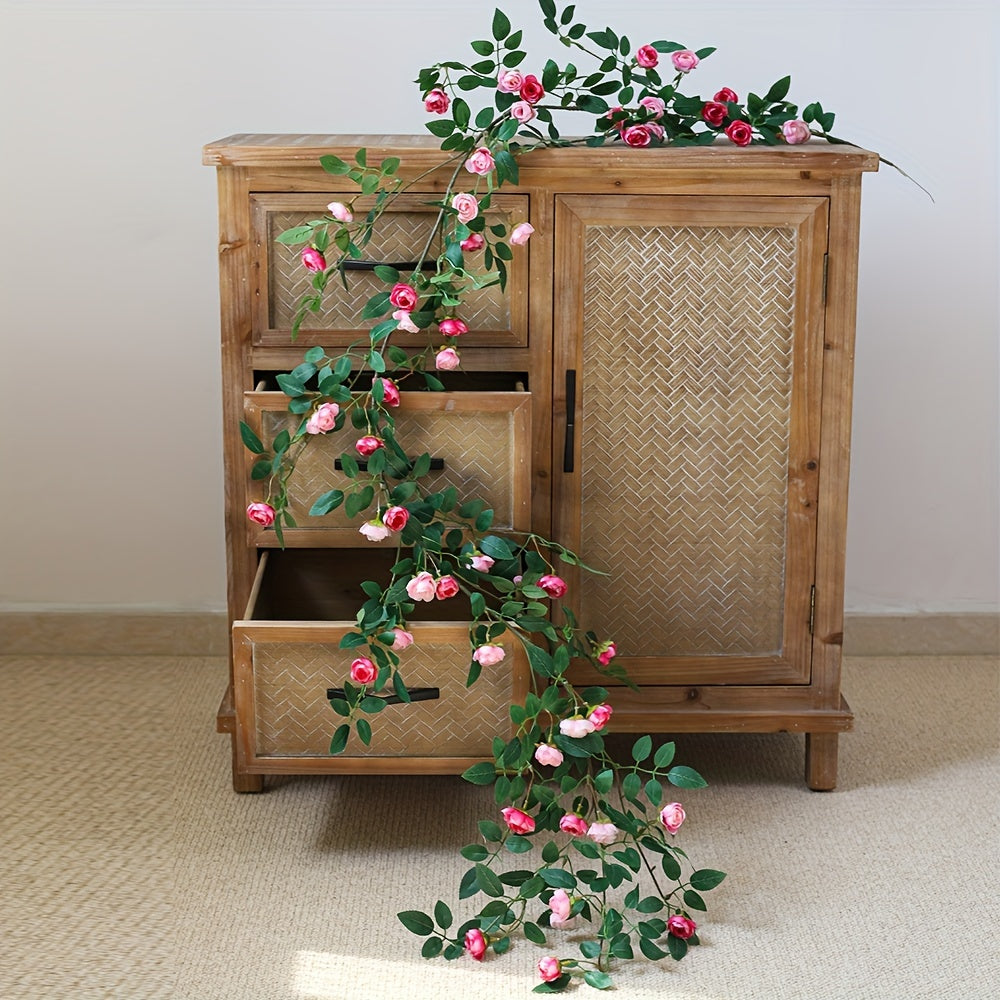 1 Double Pink Rose Vine - Artificial Garland with Richly Layered Petals, Soft Color Transitions, and a Design That Closely Mimics the Form of Real Roses. Paired with Lush Foliage, It Creates a Vibrant, Natural Vitality. Perfectly Blends into French
