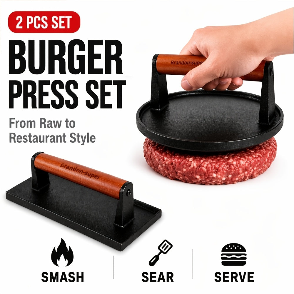 2pcs Cast Iron Burger Press Kit Pressure Plate - Round And Rectangular Heavy Meat Minced Meat with Wooden Handle for Baking Trays, Sandwiches, Suitable for Family Gatherings, Picnics, Camping
