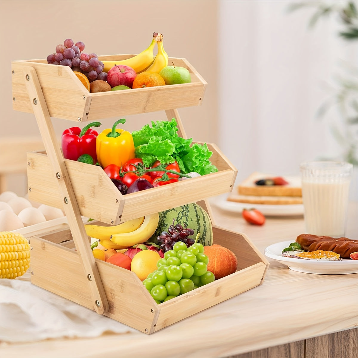 3/2-Tier Wooden Fruit Basket Stand - Large Capacity Kitchen Organizer with Open Slat Design for Vegetables, Bread & Produce | Multi-Level Countertop Storage Shelf - Easy Assembly & Natural Wood Finish