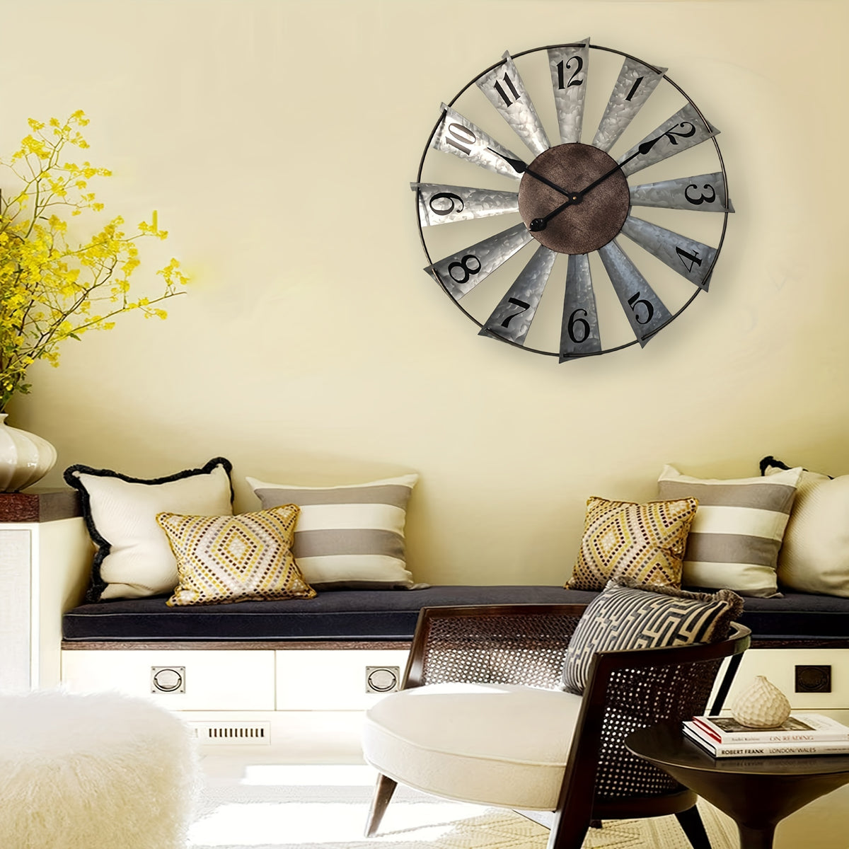 24 Inch Large Modern Farmhouse Clock, Vintage Analog Clock 3D Windmill Blades, Galvanized Metal Art Room Wall Decor Clocks Battery Operated, Quiet Mechanical, Home Decoration for Living Room, Kitchen, Dining Room, Bedroom, Porch, Front Door