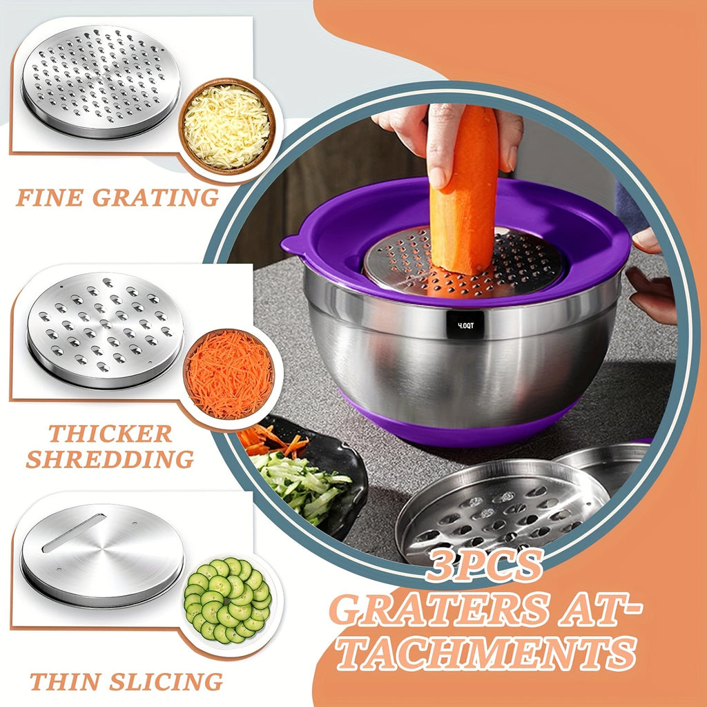 26pcs Mixing Bowls with Airtight Lids, Stainless Steel Bowls Set, 3 Grater Attachments & Black Non-Slip Bottoms Size 7, 4, 2.5, 2.0, 1.5, 1QT, Great for Mixing & Serving