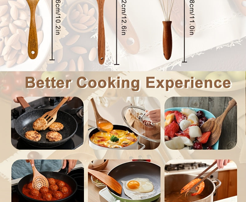3/5/7Pcs Premium Wooden Kitchen Utensils Kit -Ergonomic Handles Natural Wooden Spoons Spurtle Ladle and Wok Spatulas Heavy-Duty Wooden Utility Set for Non-Stick Pans Heat Resistant Easy to Clean and Durable Kitchen Essentials Cookware Accessories