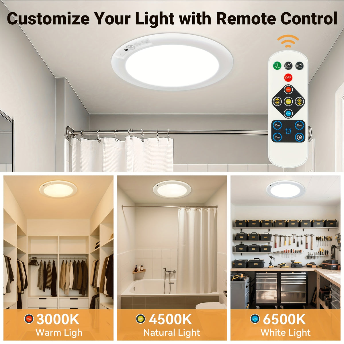 8/6/4/2/1Pack Rechargeable LED Ceiling Light with Motion Sensor, 3 Lighting Options, 10 Brightness Levels Battery Operated Closet Lights, Remote Control Dimmable Timing Motion Shower Lights for Living Bathroom Pantry Hallway Porch(3000K/4500K/6500K)