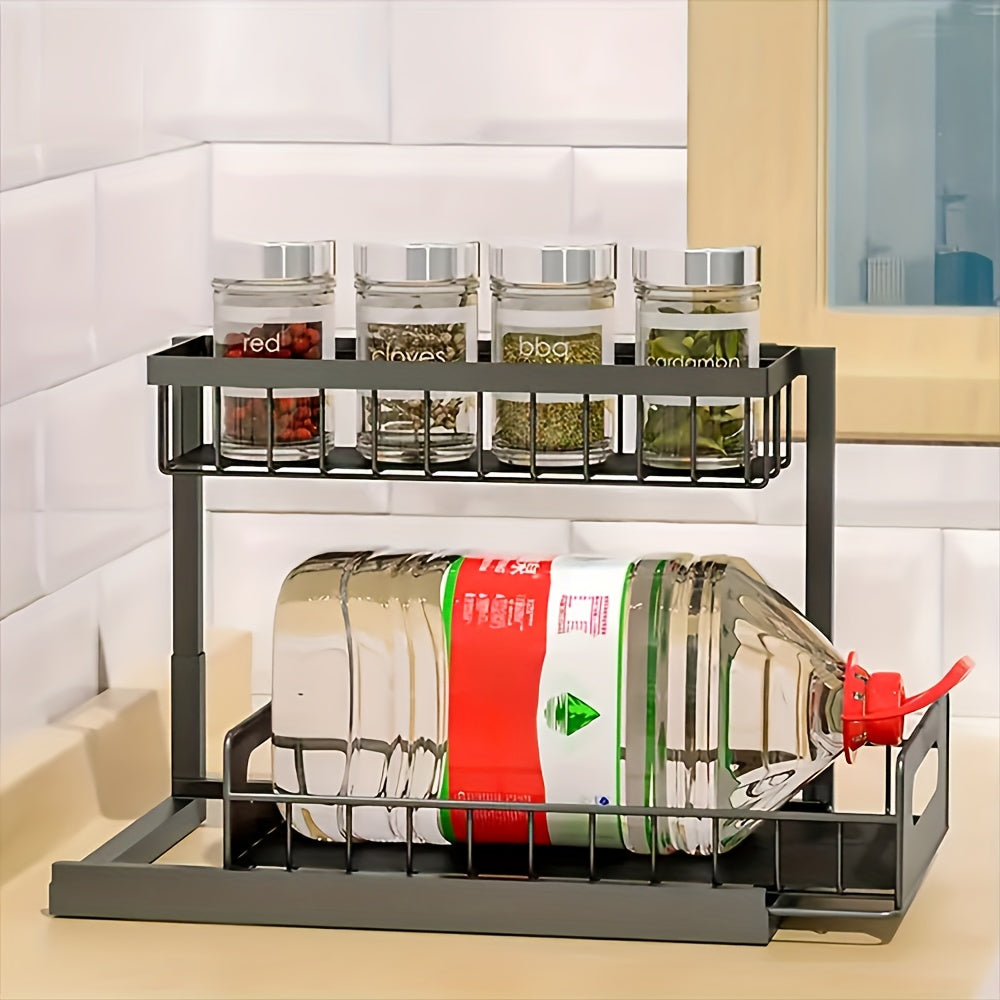 Two-Tier Under-Sink Organizer Featuring a Sliding Drawer, Metal Pull-Out Storage Rack for Kitchen, Bathroom, Or Closet, Designed for Space Efficiency And Easy Access