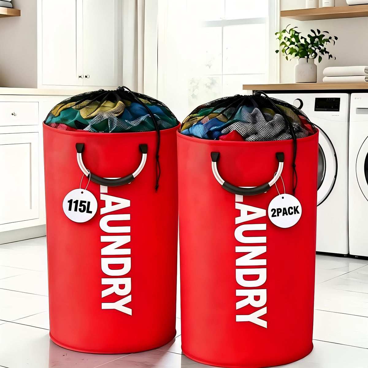 2-Pack Extra Large 25.1gal/30.38gal Foldable Laundry Baskets with New Drawstring Closure Design, Multi-Purpose Fabric Clothes Storage Baskets for Bathroom, Bedroom, Outdoor, And Dorm (Space-Saving Design); Each with Ring Handles, Premium Laundry Storage B