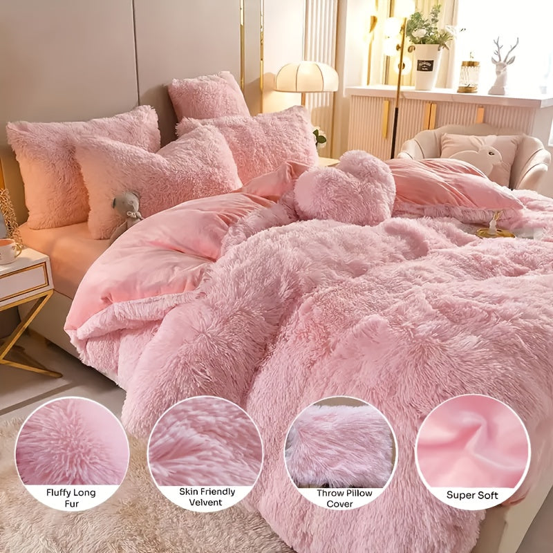 4pcs Fluffy Comforter Cover Set Queen King, Soft Plush Duvet Cover Set with Pillow Shams, All Season Cozy Bedding, No Insert