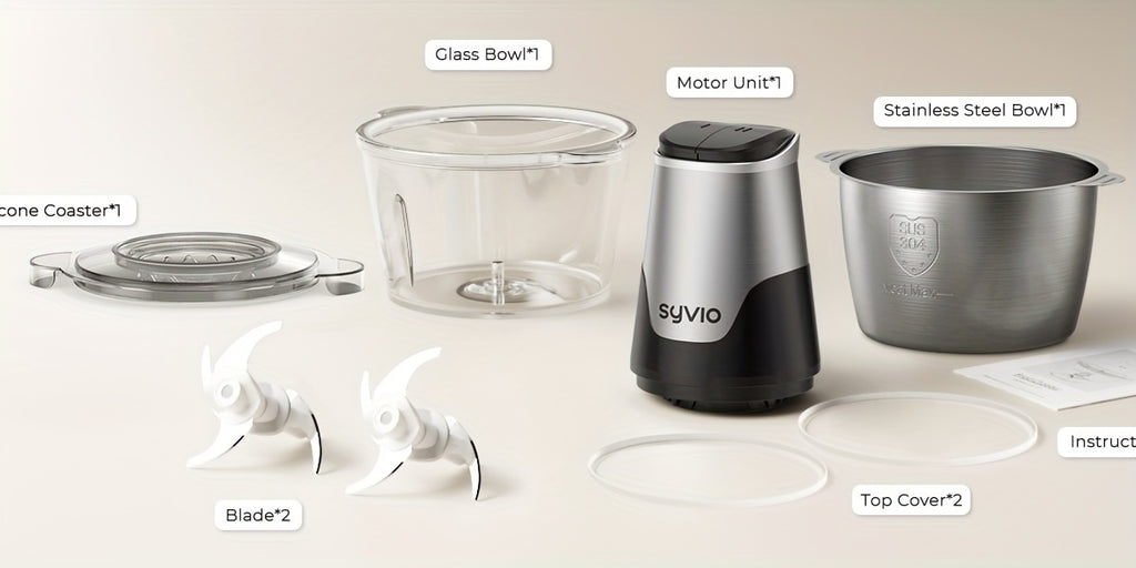 Syvio Food Processors with 2 Bowls, Meat Grinder 4 Bi-Level Blades, Mini Electric Food Chopper 450W, for Baby Food, Meat, Onion, Vegetable Chopper, 2 Speed, 8 Cup And 8 Cup, Christmas Gifts