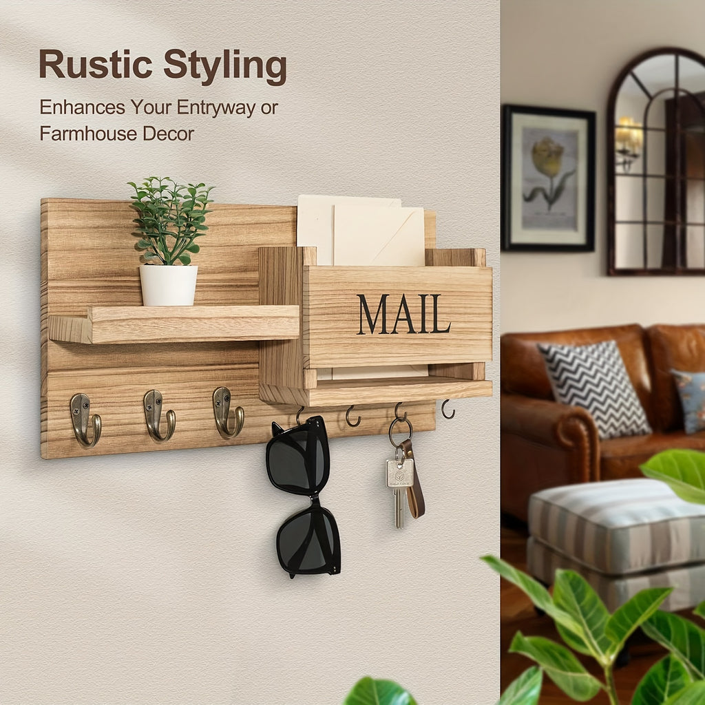 Solid Wood Wall-Mounted Storage Rack with Mailbox Slot, Door Handle & Decorative Hooks - Multifunctional Organizer for Keys, Hats, Books - Space-Saving Entryway, Bedroom, Bathroom, Living Room - Durable Wooden Construction, Contemporary Design, Wooden Sto