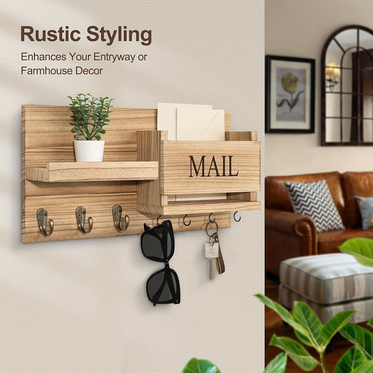 Solid Wood Wall-Mounted Storage Rack with Mailbox Slot, Door Handle & Decorative Hooks - Multifunctional Organizer for Keys, Hats, Books - Space-Saving Entryway, Bedroom, Bathroom, Living Room - Durable Wooden Construction, Contemporary Design, Wooden Sto