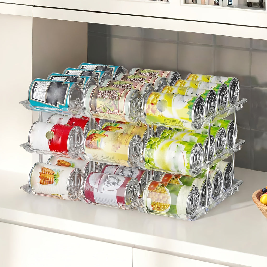 Pantry Can Storage Rack - Holds 36 Cans (3 Tiers/3pcs), Auto-Rolling Stackable Can Storage Rack - Transparent PET Material, Suitable for Soda, Soup, Vegetable Cans - Kitchen, Garage, Dorm Closet Organizer - Tool-Free Easy Assembly.