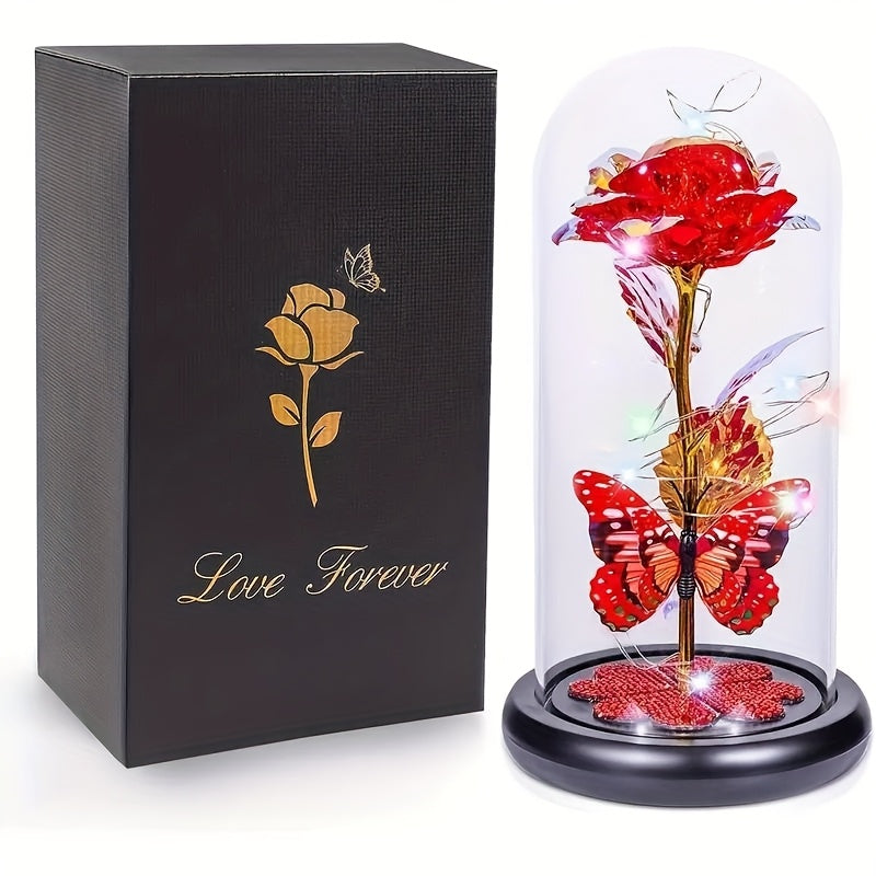 1pc Mother'S Day Rose Gift for Mother, Galaxy Glass Rose Forever Eternal Crystal Flower Glow Rose Glass Dome And Butterfly Birthday Flower Gift for Women'S Mother, Wife, Sisters, Daughter, Purple