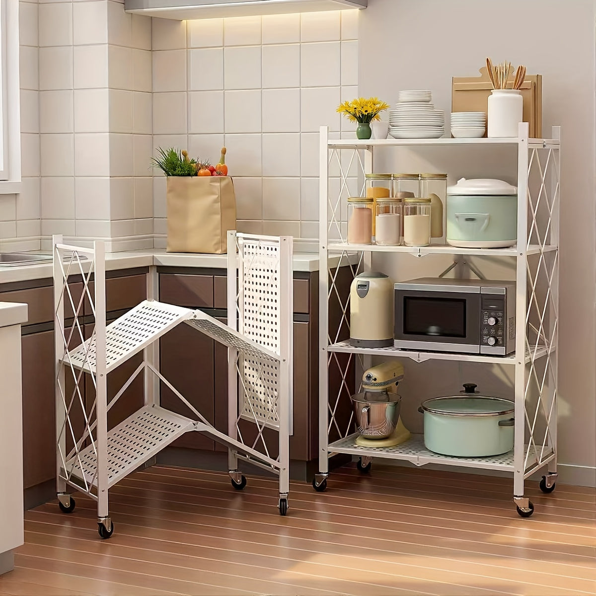 3/4/5- Tier Movable Vertical Multi-Functional Storage Racks, Portable Metal Folding Storage Racks with Locking Wheels, Large - Capacity Kitchenware Storage Racks That Require No Installation. Suitable for Families, College Dormitories