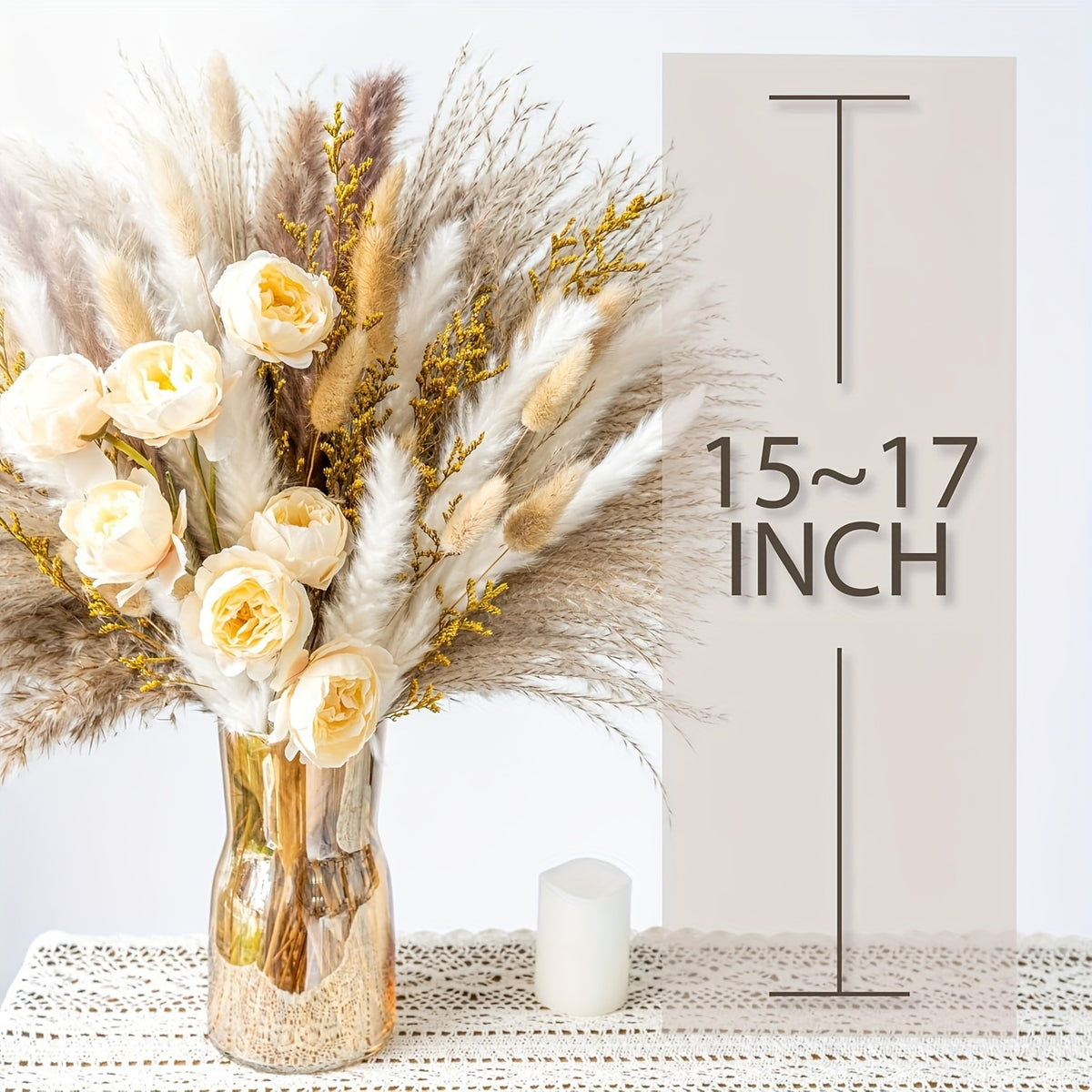 91/51pcs Large Dried Pampas Grass Bouquet with Artificial White & Beige Roses - Full Blooming Wedding, Home, Farmhouse Centerpiece - Low-Maintenance Boho Table Decor, Rustic Dried Flower Arrangement (No Vase Included)
