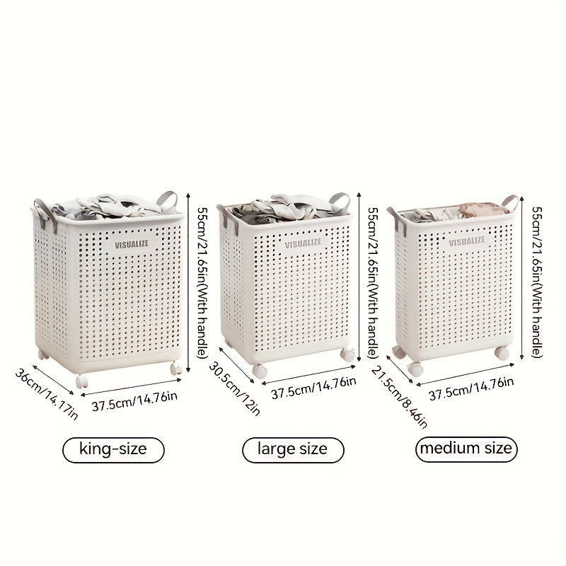 11/15/17.5 Gallon Foldable Laundry Basket with Wheels, Breathable Plastic Rolling Laundry Hamper with Faux Leather Handles, Space-Saving Clothes Storage Bin for Bathroom And Bedroom, Laundry Baskets