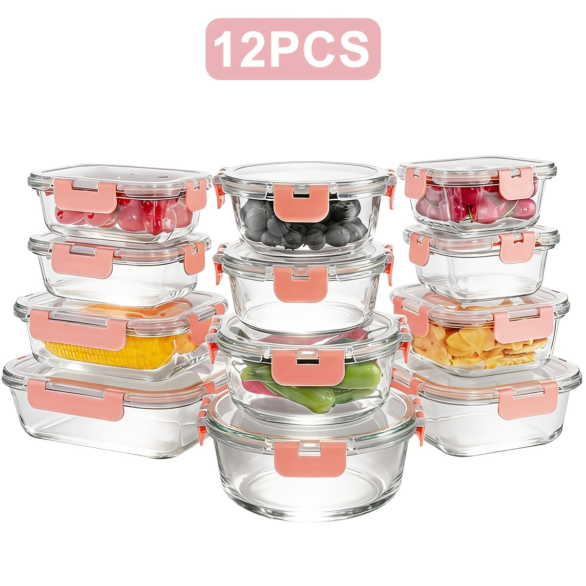 12pcs Thickened Glass Food Storage Containers with Lids Meal Prep Pantry Kitchen Storage Containers for Lunch Leak-Proof Airtight Glass Lunch Bento Boxes for Microwave Oven Freezer And Dishwasher