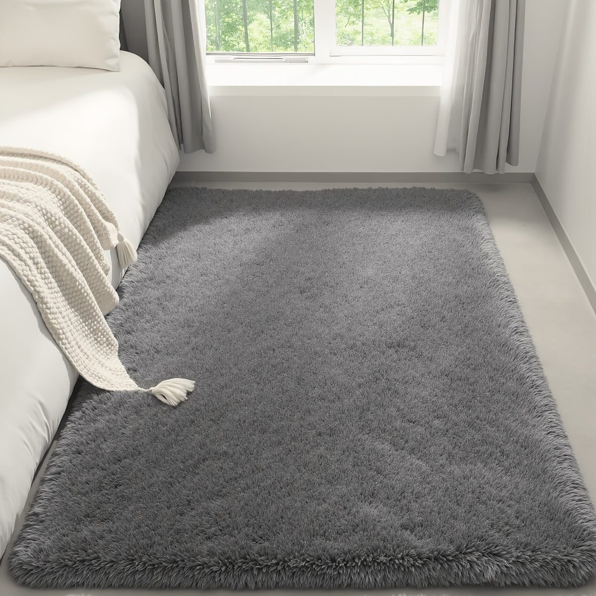 1pc Giant 71x106in Plush Area Rug | Non-Slip Fluffy, 1.6 Inch Thick, Machine Washable, Polyester, Solid Color, Rectangle, Flat Woven | Ideal for Living Room, Bedroom, Study, Makeup Room, Holiday Decoration, Cozy Home Carpet, Gray/Black
