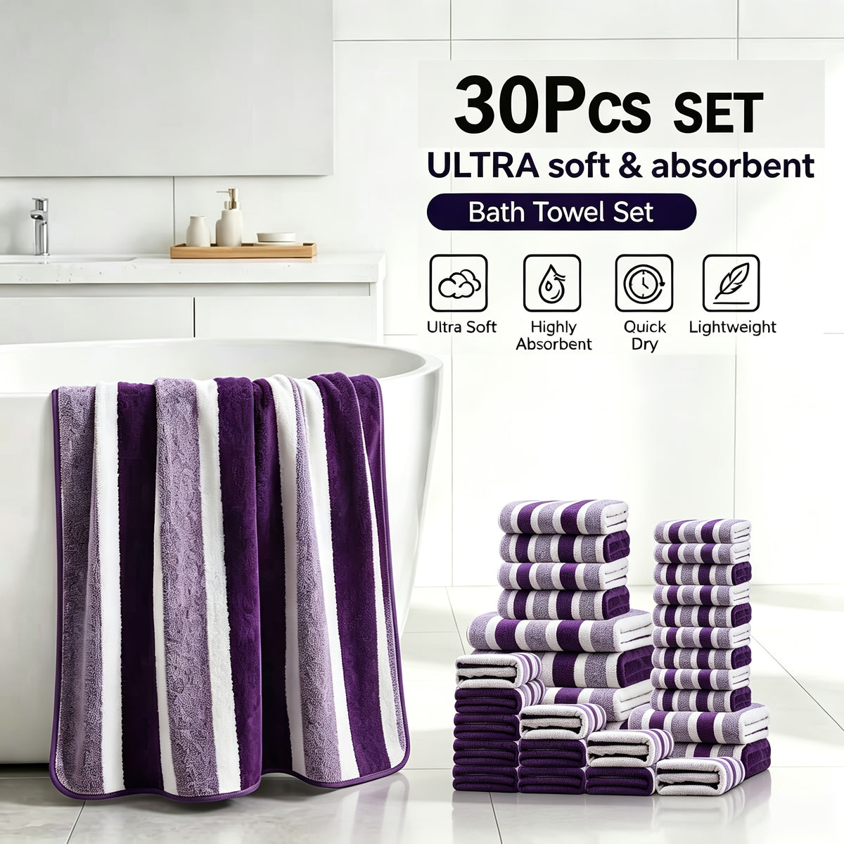 30pcs Large Wide Super Soft Coral Bath Towel Set, Quick Drying, Fast Absorption, Lightweight, Very Suitable for Home, Hotel And Spa Use, Outdoor Fitness, Camping Towel Bath Towel Set Christmas Gift Towel Bath Towel Set