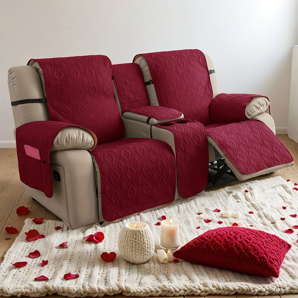 4pcs/set Loveseat Recliner Cover with CenterConsole|100% Waterproof Pet Coverfor Dual Recliner with Straps Design|Split Reclining Loveseat Cover Furniture Pet Protector, Valentine's Day Home Decorations