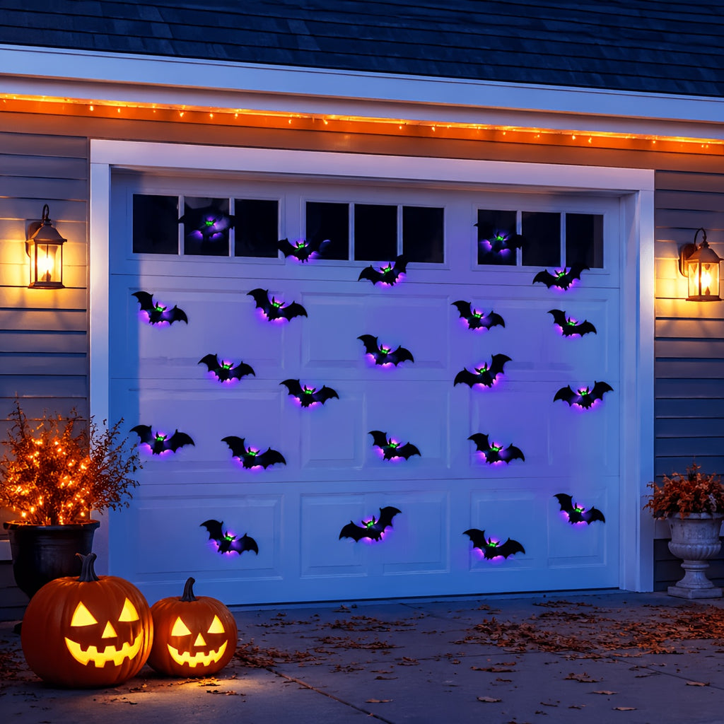24 Packs Halloween Bats Decorations Wall Stickers with Glow in The Dark Eyes, 4 Different Styles Removable PVC Wall Bat Stickers for Indoor Outdoor Home Window Garage Decor Party Supplies