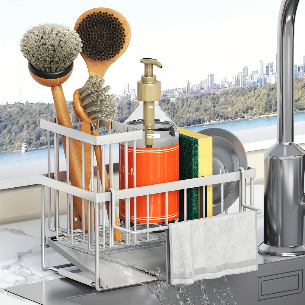 1pc Sponge Holder For Kitchen Sink With Drain Design And Dishcloth Rack, 304 Stainless Steel Sink Rack With Tall Brush Holder, Kitchen Sink Storage Box For Countertop, Soap Dispenser, Kitchen Organizer, And Essential Storage Accessories.