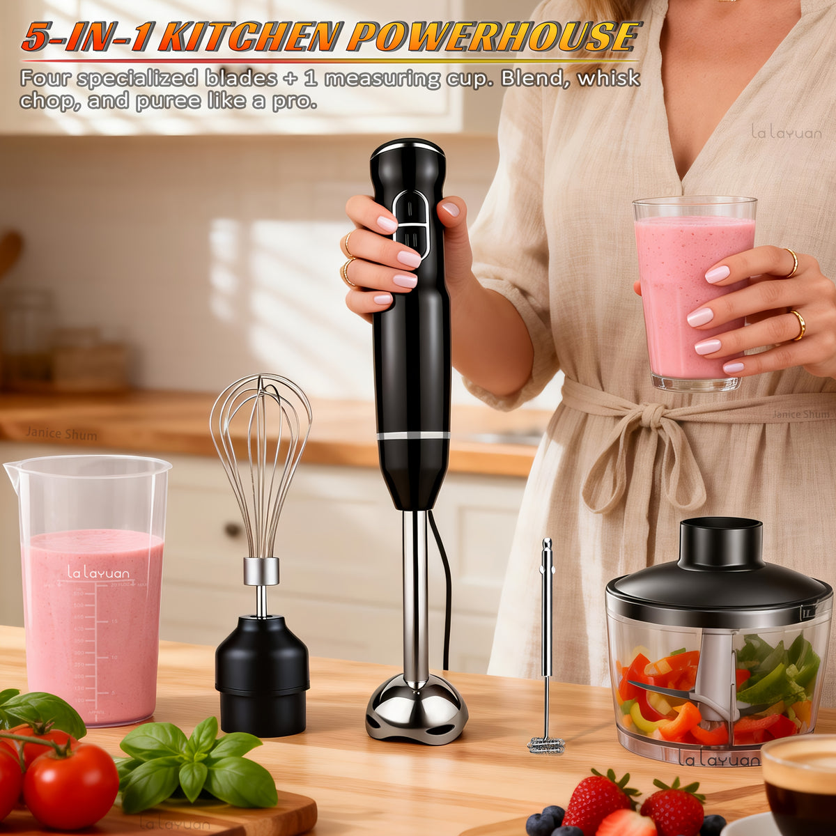 Lalayuan Electric Immersion Blender, Power Handheld Blender, 400W Portable Stick Mixer with 2 Mixing Speeds&Turbo Mode, 304 Stainless Steel Blades, Easy to Grip Speed Corded Hand Mixer, Perfect for Soup Smoothie Puree Food Fruit, with Detachable Base