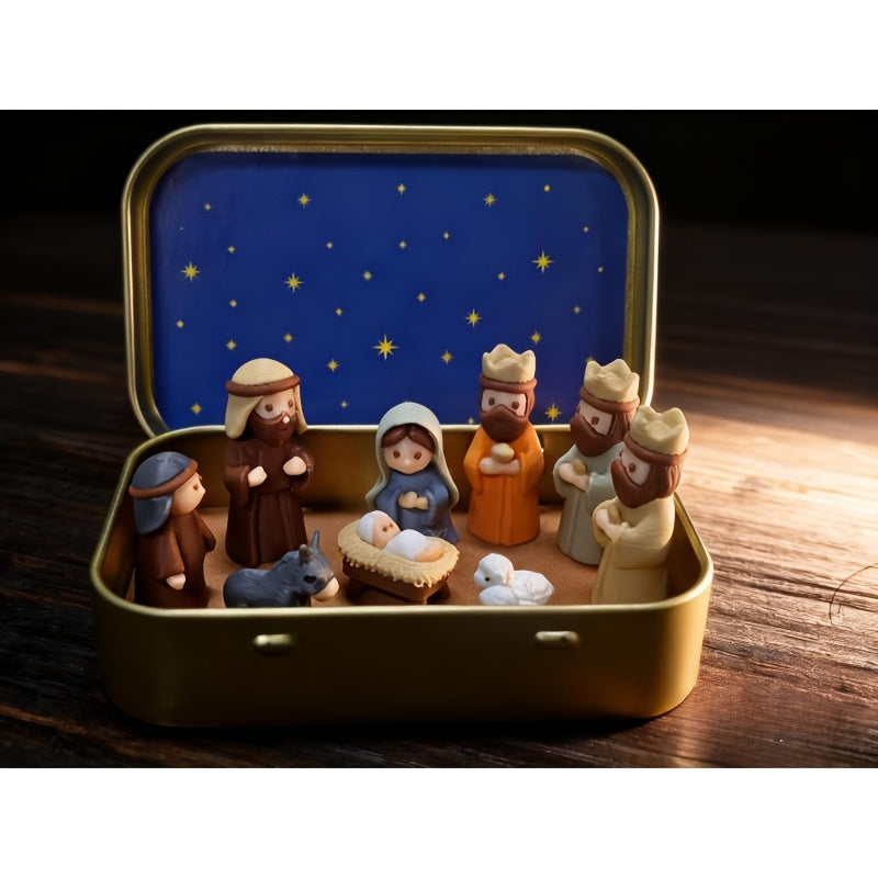 Handmade Miniature Christmas Nativity Set In Tin Box - Portable Pocket-Sized Manger Scene with Mary,, Jesus, Shepherds Animals Figures - Hand-Paintedfor/Easter Gift