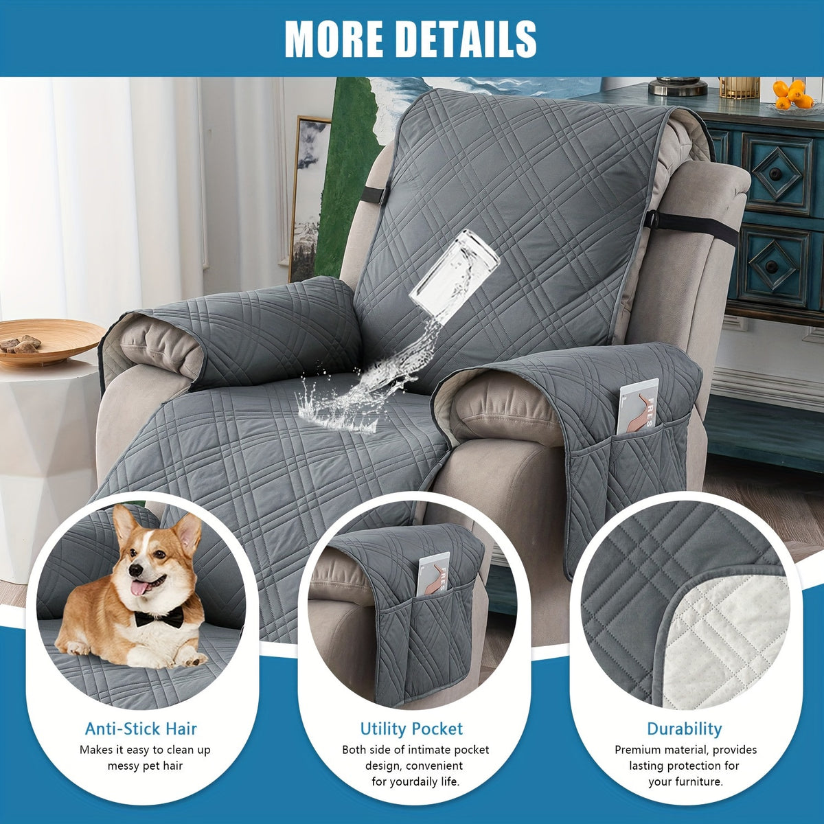 1pc 100% Waterproof Recliner Chair Cover, Non Slip Recliner Covers for Recliner Chair with Pocket, Pet Scratch-Resistant Sofa Slipcover, Washable Furniture Protector, Easy to Install for Living Room, Bedroom, And Study, Halloween Home Decorations