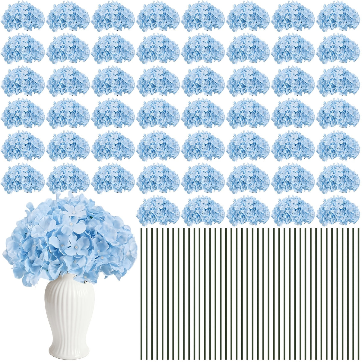 Set of 24 Synthetic Hydrangea Blooms with Stems, Ideal for Wedding Decorations, Home Parties, Baby Showers, And Store Displays. These Floral Arrangements Are Long-Lasting And Can Be Reused, Available in White, Orange, Blue, Dreamy Purple, Champagne