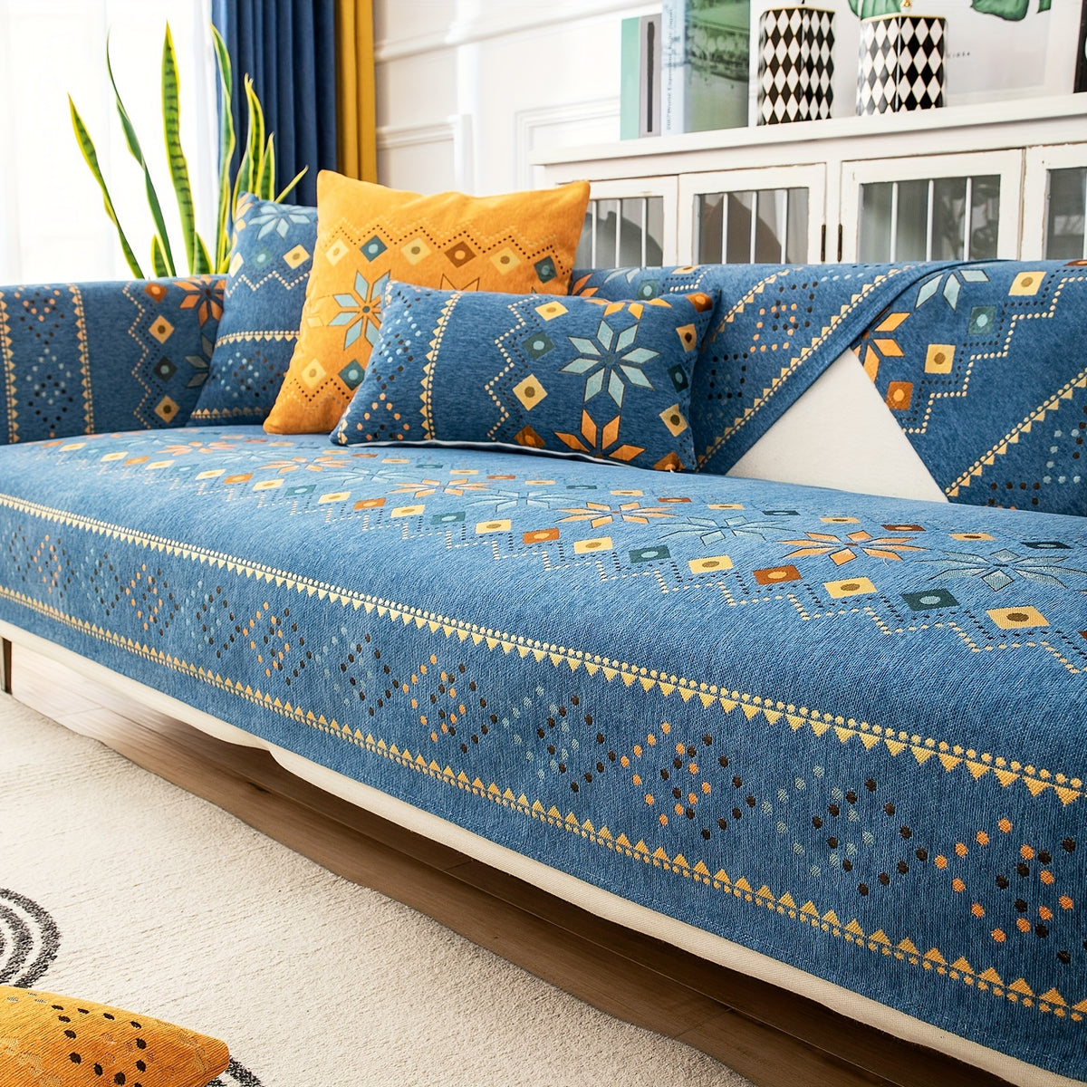 1pc Bohemian Chenille Sofa Cover Suitable for Sofa Sizes (Single to Four-Seater) - Thick Plush Non-Slip Couch Cover with Geometric Embroidery, Chenier Fabric Slipcover Fits for Sectional Sofas, Machine Washable Furniture