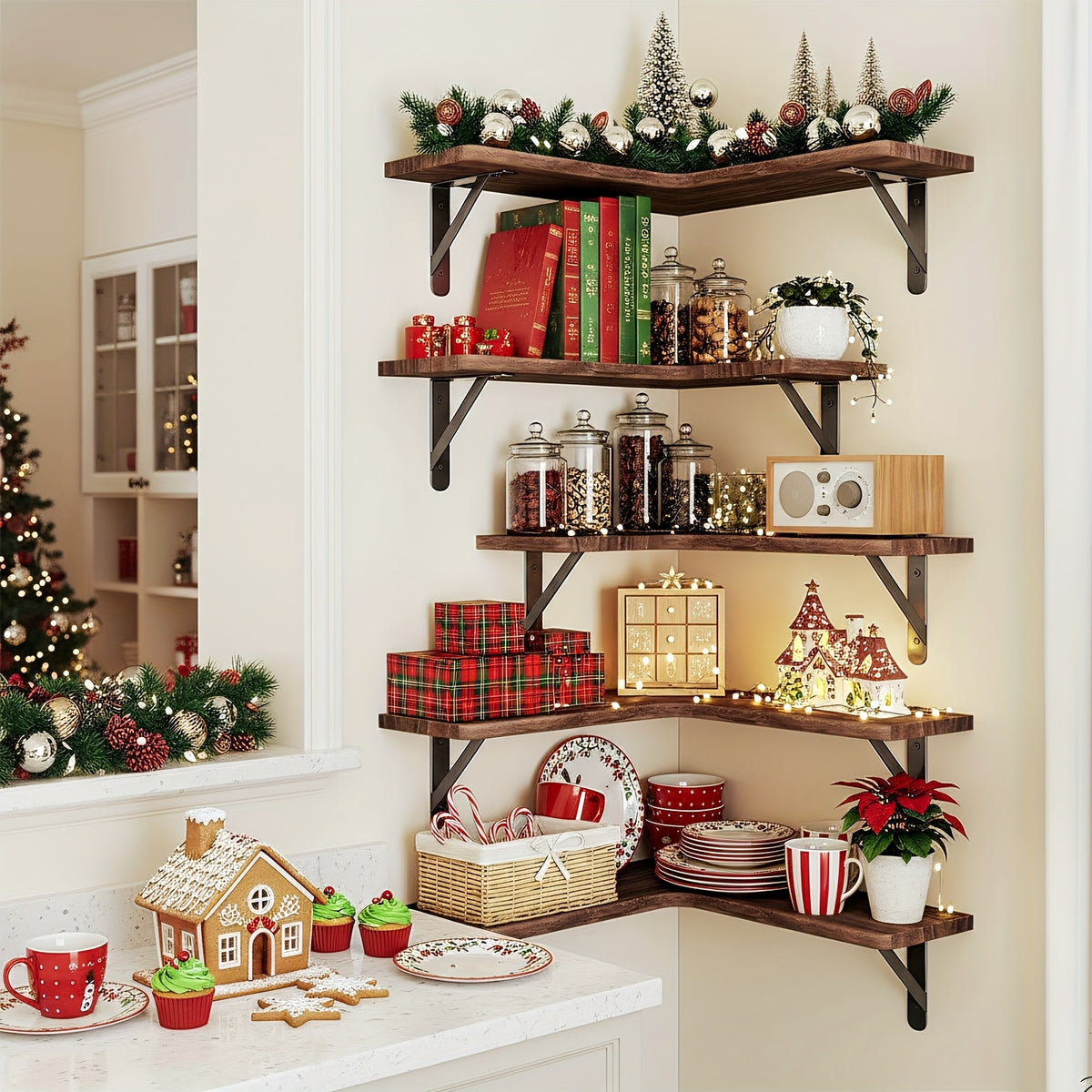 Rustic Wood Corner Floating Shelves, 5-Piece Color Options or 6-Piece Black Wall Storage Set for Bathroom, Kitchen, Bedroom and Living Room Displays