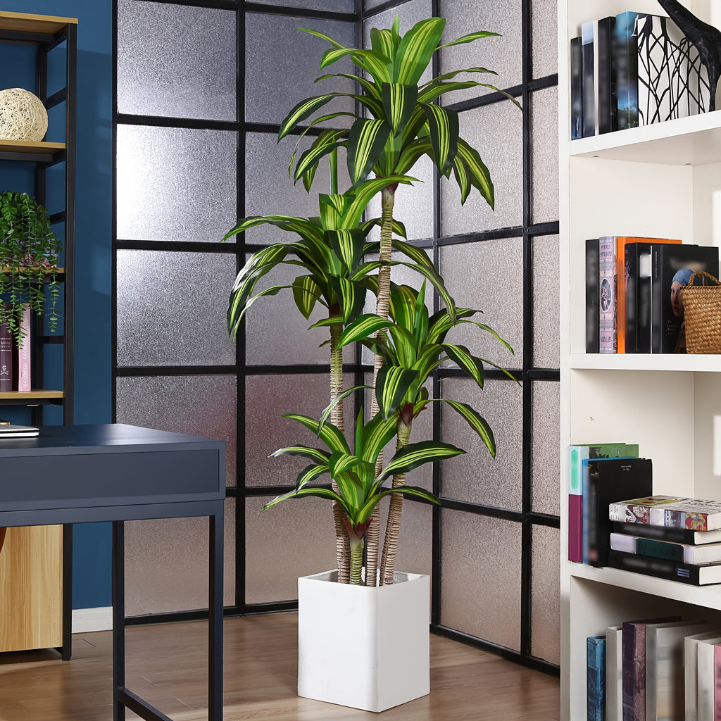 Artificial Dracaena Tree in Pot, 4 5 or 6 Foot Faux Plastic Tropical Floor Plant with Adjustable Branches and Leaves for Living Room and Home Office Decor