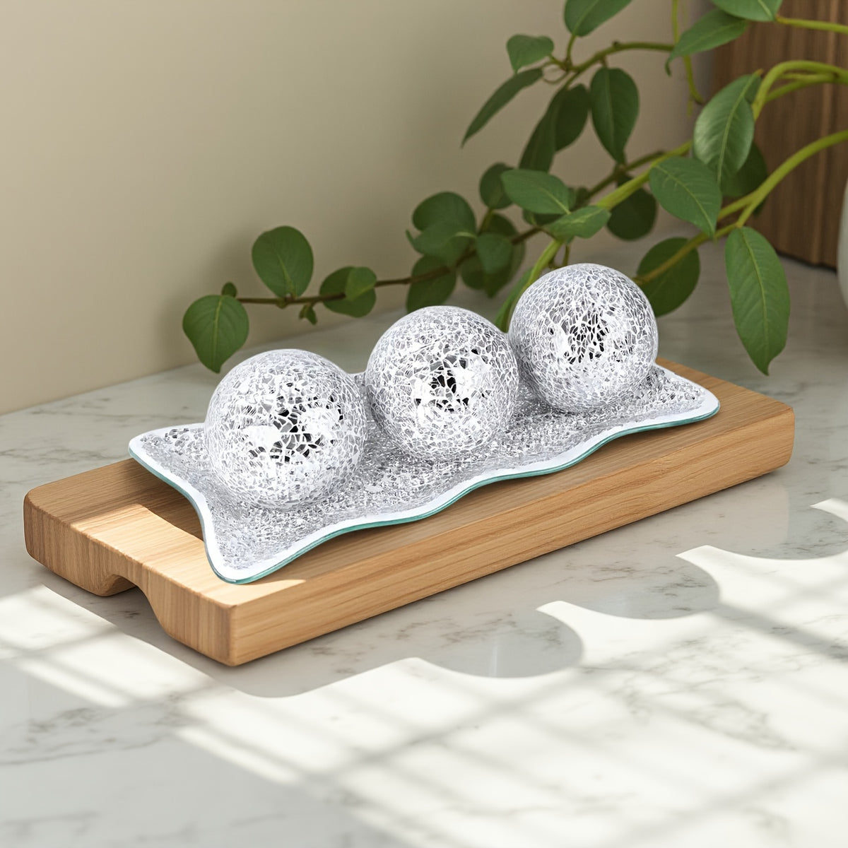 Decorative Balls for Bowls, 3 Decorative Glass Balls And 1 Glass Tray 3-Inch Centerpiece Table Decorations Bowl Fillers for Home Decor, Living Room, Dining, Coffee Table Decor (Silver/Turquoise/Black)