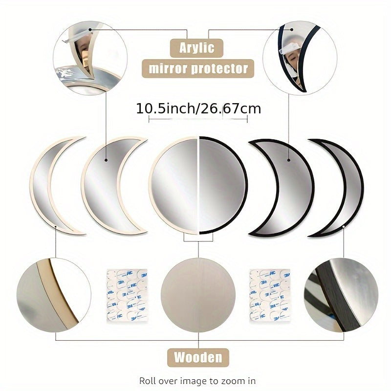 Wall Decor Moon Phase Mirror Set, 5pcs Scandinavian Natural Acrylic Wall Decorative Bohemian Home Decor Mirror for Living Room Bedroom Apartment Flat