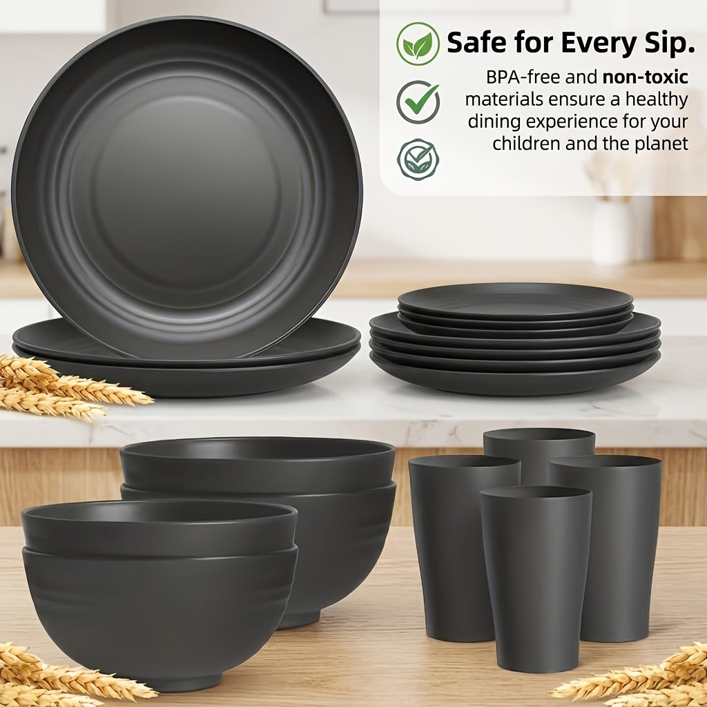 Brczuo16/32pcs Securely Fixed Non Fragile Plates, Wheat Straw Tableware Set, Microwave Dishwasher Safe, Durable Tableware, Black Set Includes 16 Plates, 8 Bowls, 8 Cups, Suitable For Family Gatherings, Birthday Parties, Camping