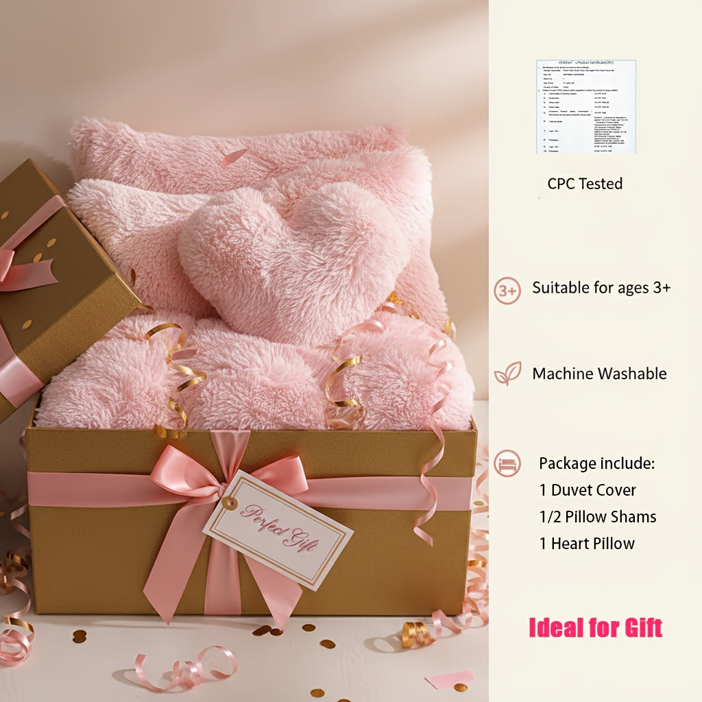 3/4pcs Plush Faux Fur Comforter Cover Set for Kids & Teens - Includes Pillowcases + Plush Heart Pillow - Twin/ Queen/ King Sizes - Super Soft, Warm, Machine Washable (Duvet Cover Only, No Comforter)