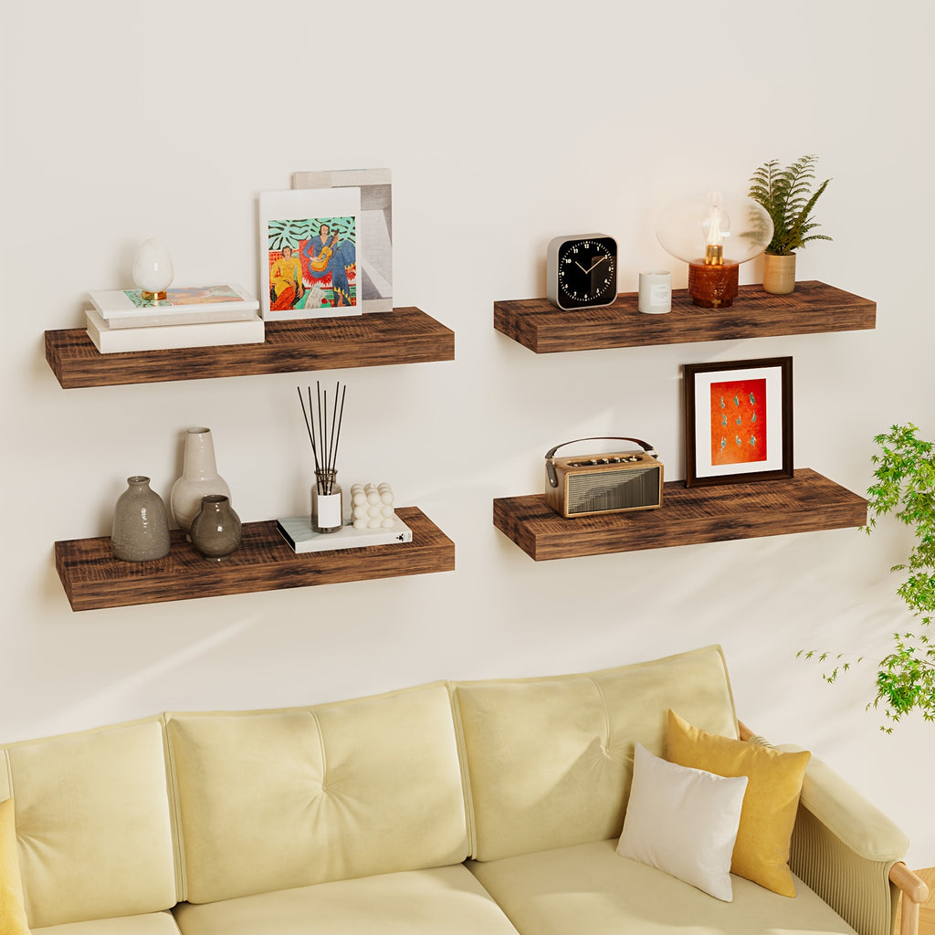 Rustic Finish Floating Shelves, 15.8 Inch Wall Display Set with Invisible Brackets in 4 or 8 Piece Options for Living Room, Bedroom and Home Decor