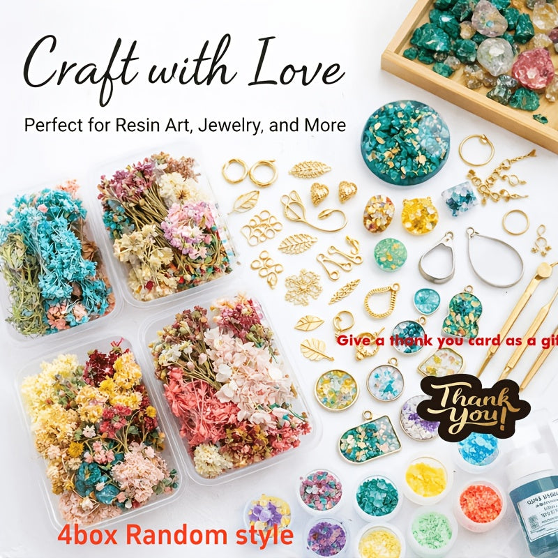 4 Boxes of Mixed Dried Flower Bouquet Sets - Decorative Materials with Dried Flowers And Leaves, Suitable for Resin Jewelry, Art Crafts, And Holiday Decorations (Includes a Greeting Card)
