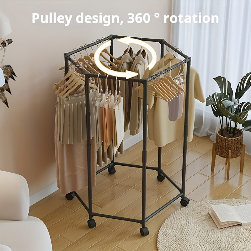 Hexagonal Rotary Clothes Rack, Self-Standing Vertical Clothing Hanging Rack, Suitable for Laundry And Household Storage Space Saving (Black/White), Easy Storage Device, Durable Structure, High-Quality Materials, Small Apartment Living, Convenient