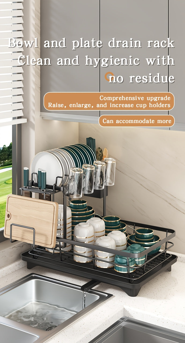 Double Tier Metal And Carbon Steel Cutlery Rack, Large And Durable, with Knife Fork And Cup Holders And Draining Board, Rustproof Two Tier, Space Saving for Kitchen Countertop, Make The Kitchen More Concise And Organized