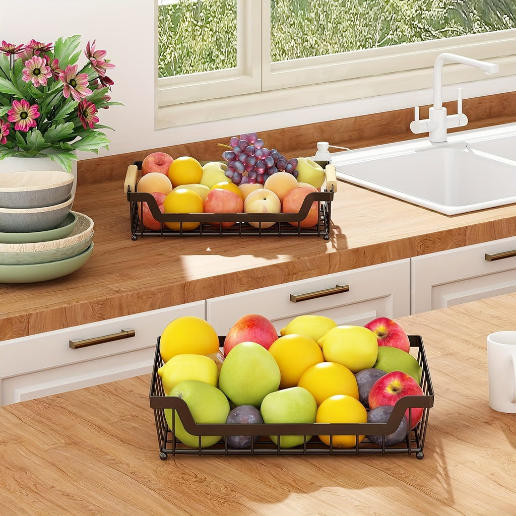 2-Tier Countertop Fruit Basket with 2 Banana Hangers for Kitchen, Detachable Metal Organizer for Bread Vegetable Fruits with Wooden Handle, Large Capacity Rectangular Storage Stand Bowls, Black