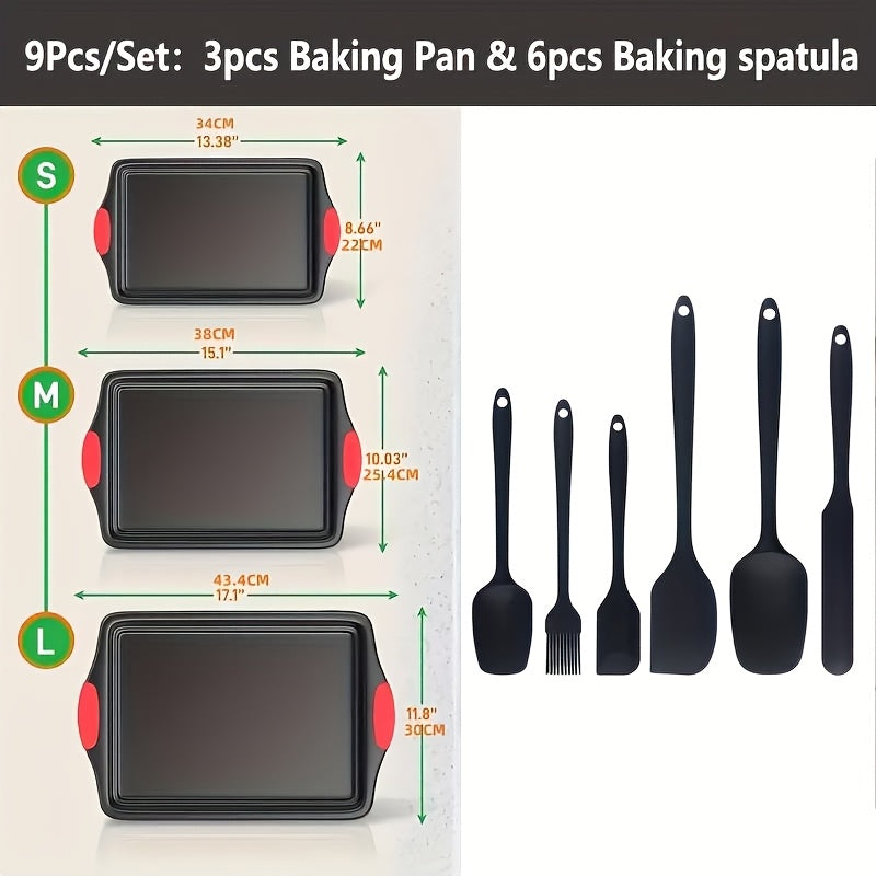 3/9pcs Carbon Steel Non-stick Kitchen Oven Baking Pan, Luxurious And Fashionable Non-stick Inside And Outside, Commercial Grade Restaurant Quality Metal Baking Pan, With Red Silicone Handle