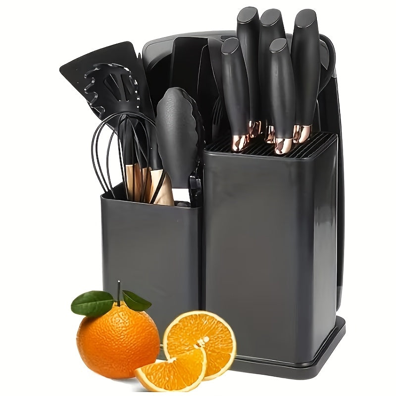 19pcs Non-Stick Silicone Cookware Set with Bamboo Storage Containers And Knives - Heat-Resistant Pots, Pans, Utensils - Kitchen Tools for Frying, Boiling - for Induction Stovetops And Ovens (Wooden Handle)