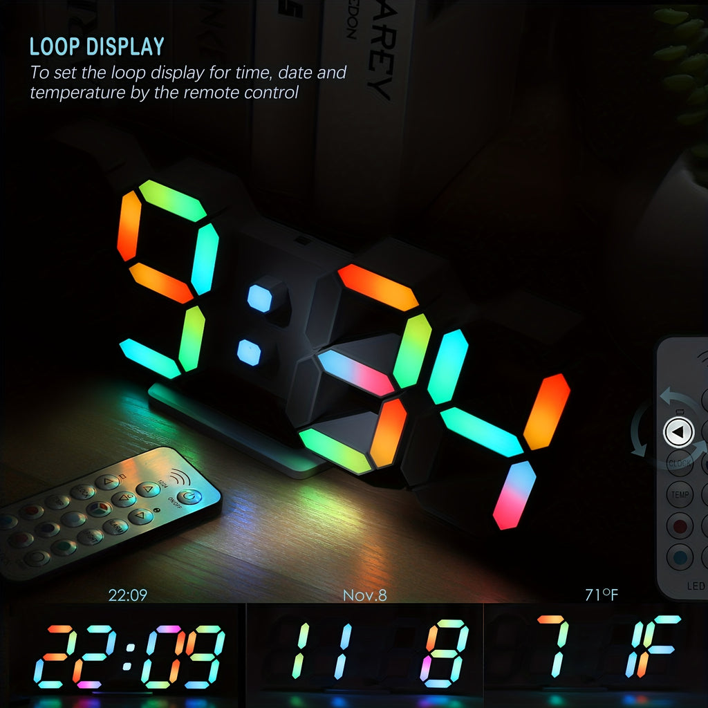 1pc RGB Neon LED Clock 9. 7" Digital Wall Clock Large Display Aesthetic Alarm Clock for Bedroom Living Room, Colorful, Remote Control, Adjustable Brightness, Date/Temperature