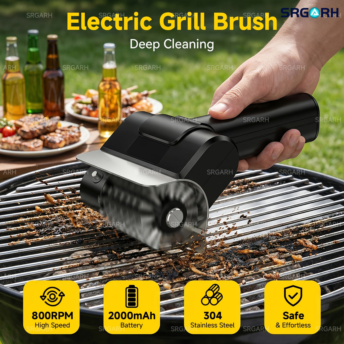 [Portable Outdoor BBQ Scrubber] Cordless Electric Grill Brush, 800 RPM Rotating Grill Cleaner, 2000Mah Rechargeable Battery, 304 Stainless Steel Bristles BBQ Cleaning Tool, Includes Replacement Brush Head And 1 Pair Gloves, Portable Outdoor Barbecue Grill