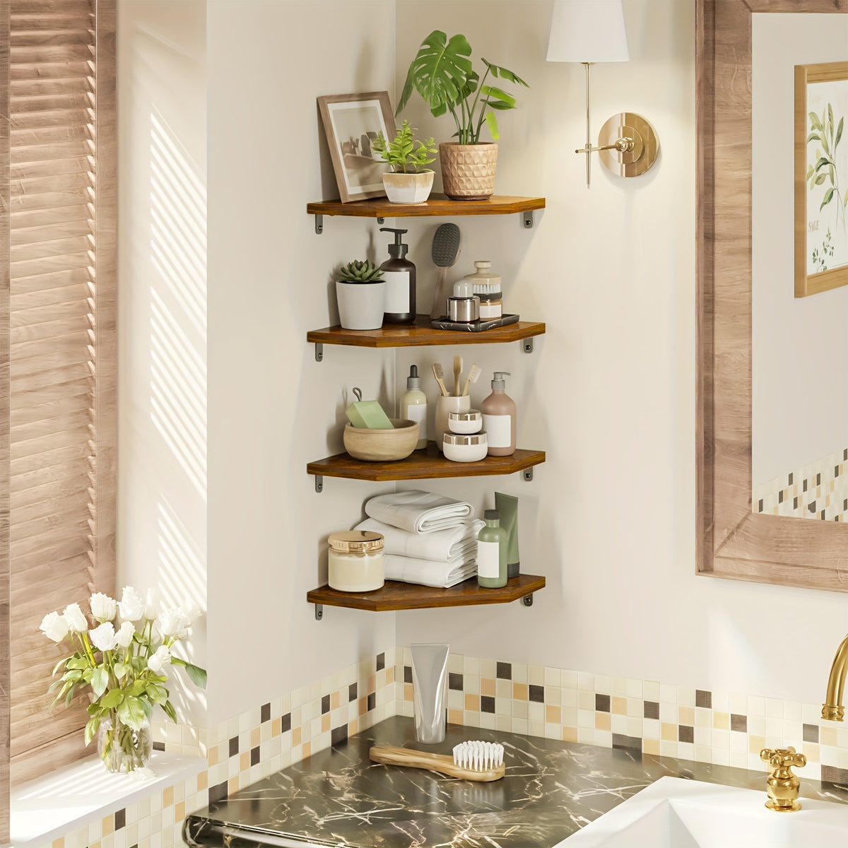 Wooden Corner Wall Shelves, Country Style Floating Storage in Brown, Black or White with 2, 4 or 6 Piece Sets for Small Space Organization