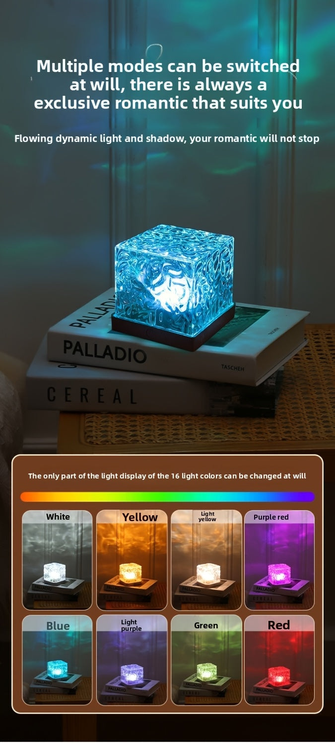 Ocean Wave Projector Light, 16-Color USB Plug-In Cube Lamp with Touch Switch for Water Ripple Bedroom Ambiance and Living Room Tabletop Decor