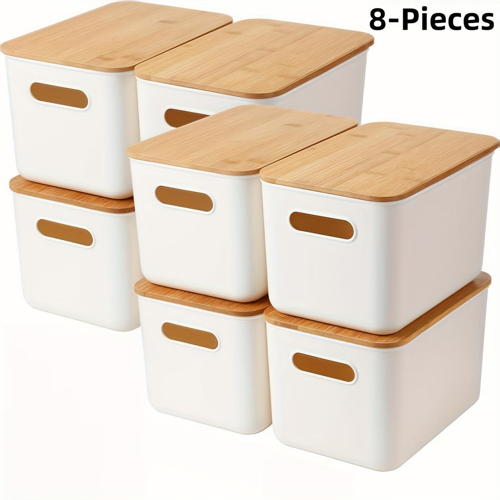Storage Bins with Wood Lids, White Stackable Plastic Containers with Built-In Handles, 10.12 x 7.09 x 6.69 Inches in 1 2 4 or 8 Pack for Home Office Shelves