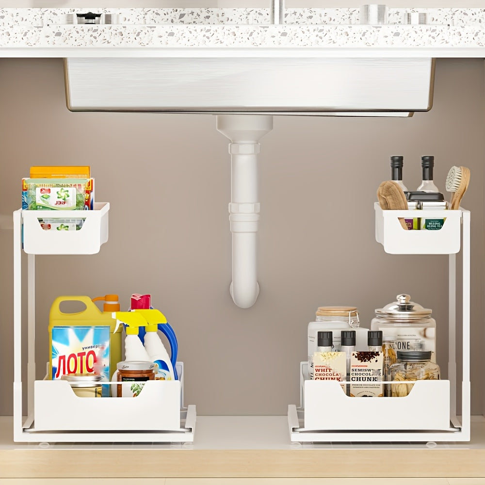2-Tier Sliding Under Sink Organizer Rack Kitchen Lower Sink Sorting Sliding Pull-out Cabinet Sorting Rack Metal Sliding Drawer For KitchenBathroom Refrigerator Cabinet Organization Rack Simple And Practical Kitchen Storage Essentials (1pack/2pack)